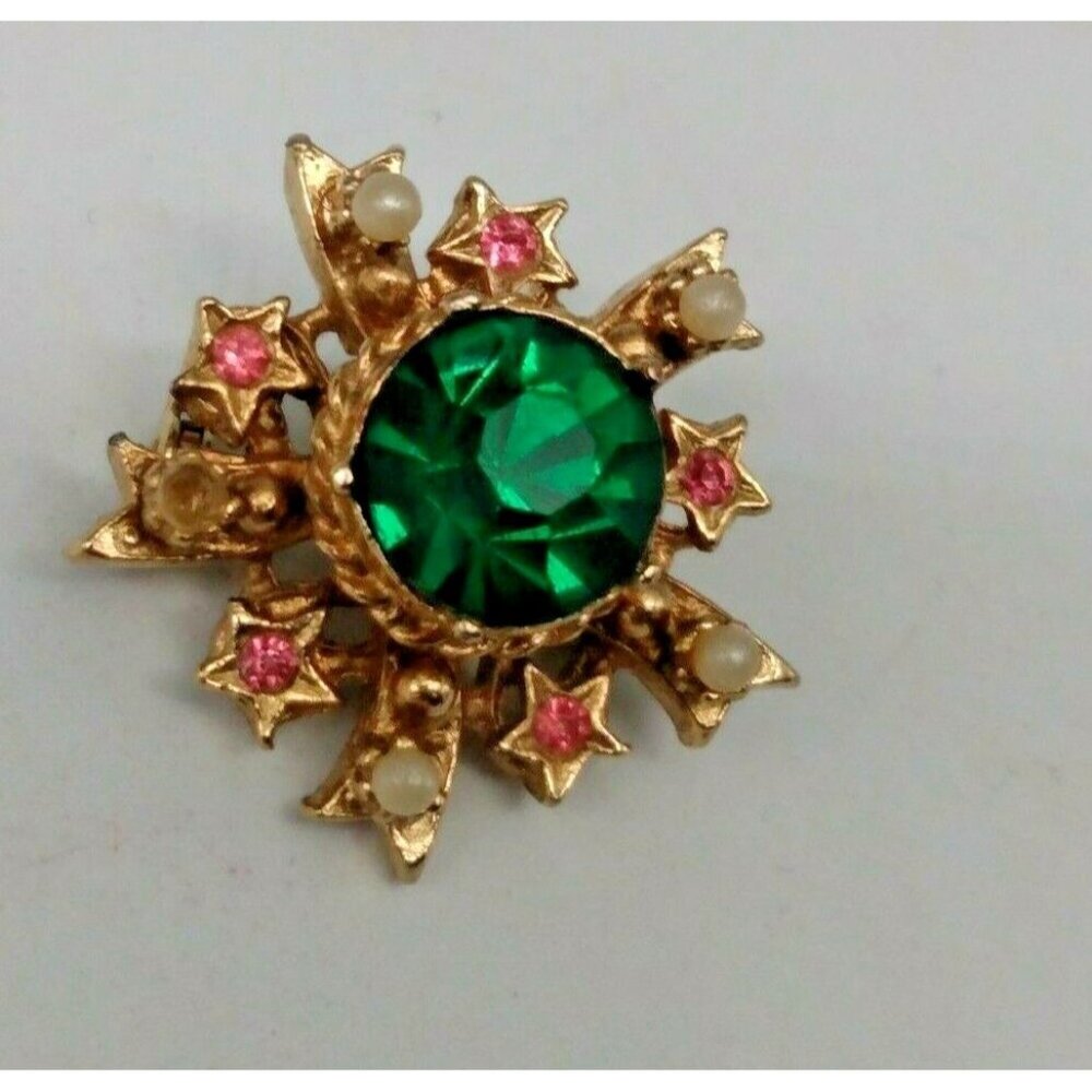 Vintage Coro Star Brooch Green & Pink Rhinestone Pearl seed bead 1 1/4"